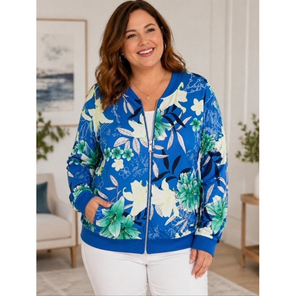 IMAN Global Chic Blue Floral Reversible Bomber Jacket 1X NWT Stretch Knit